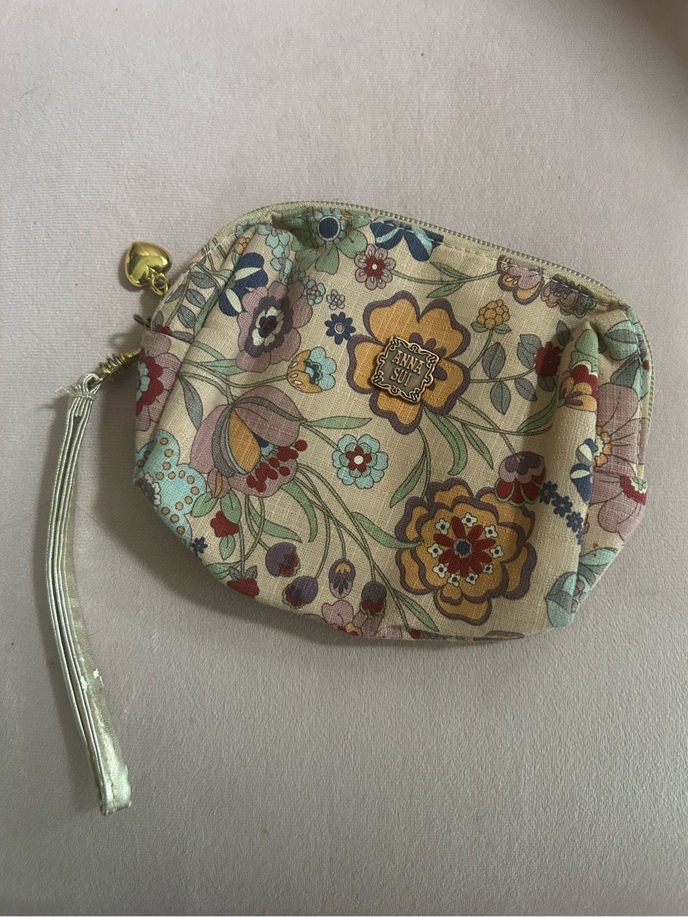 Anna Sui Floral Wristlet Pouch in Cream with Multicolor Blooms